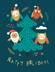 Fototapeta premium Christmas card, Seasons greetings illustration, cute owls on tree