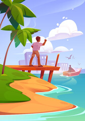 Obraz na płótnie Canvas Male character stand on wooden pier rear view waving hand saying bye to motorboat riding sea waves. Boy or man at ocean shore with city view, palm tree and sandy beach, Cartoon vector illustration