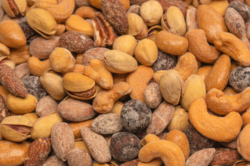  A group of almonds, pistachios, walnuts, macadamia, cashews.