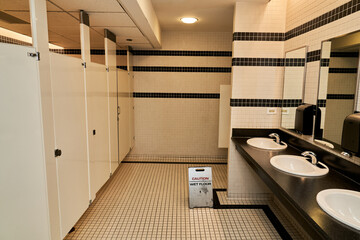 Modern Bathroom Interior with Bathroom Sinks, Bathroom Stalls and Caution Wet Floor Sign  