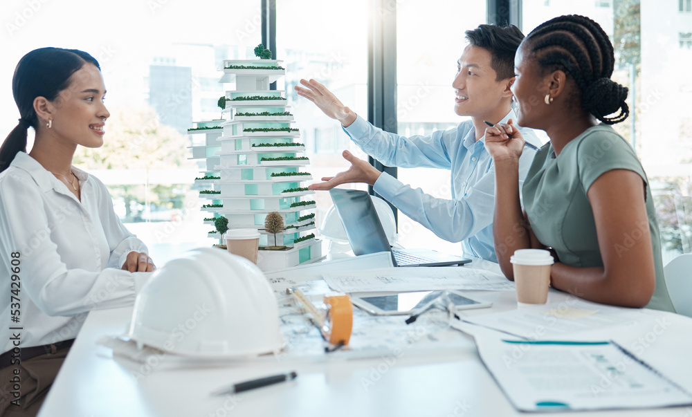 Wall mural Model, construction and architects planning a building project together in an office at work. Creative, corporate and architecture workers talking about a design with a 3d structure in a meeting