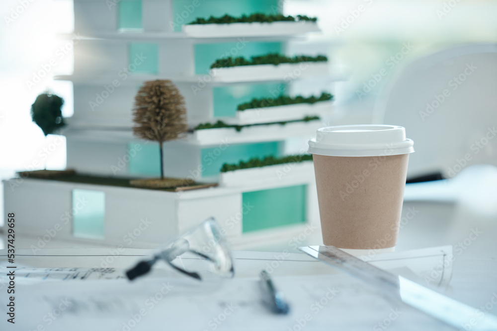 Poster model, coffee and architecture with goggles, a blueprint and a pen on the desk of an architect. cons