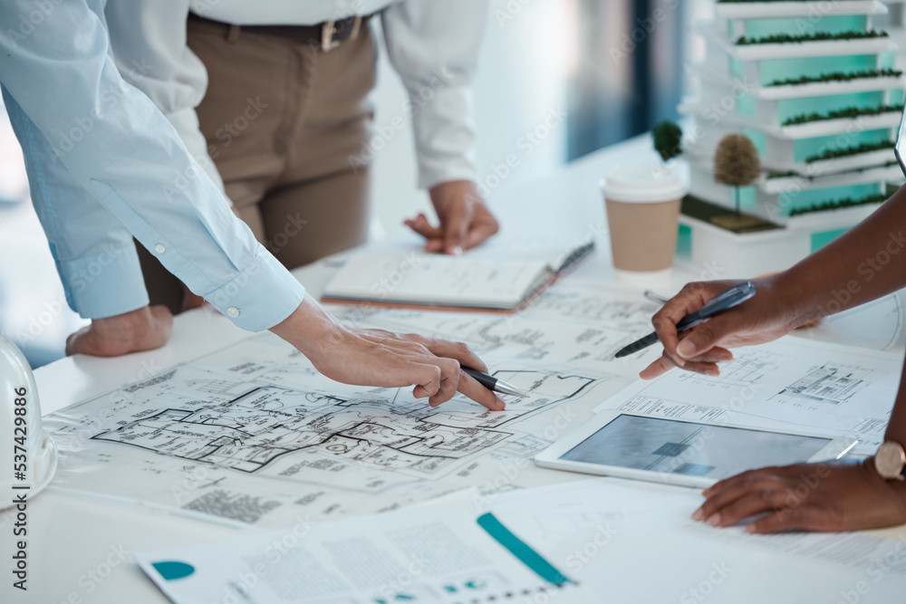 Aufkleber Architect, hands and planning building on paper for construction design or layout at the office. Group hand of employee in teamwork project plan for architecture working on model build or blueprint