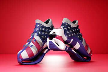 Colorful yellow sneakers with the American flag on the sole. The concept of bright trendy sneakers, 3D rendering.