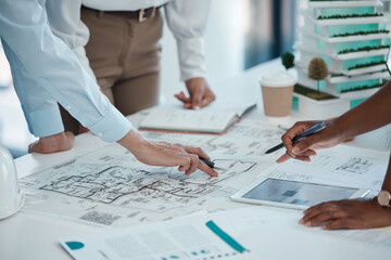 Architect, hands and planning building on paper for construction design or layout at the office....