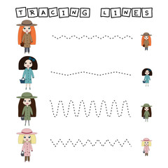 Tracing lines game with beauty dolls. Worksheet for preschool kids, kids activity sheet, printable worksheet