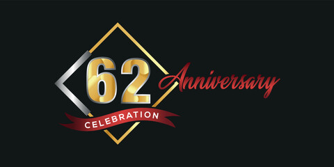 62nd  anniversary logo with golden and silver box, confetti and red ribbon isolated on elegant black background, vector design for greeting card and invitation card
