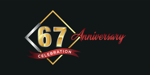67th anniversary logo with golden and silver box, confetti and red ribbon isolated on elegant black background, vector design for greeting card and invitation card
