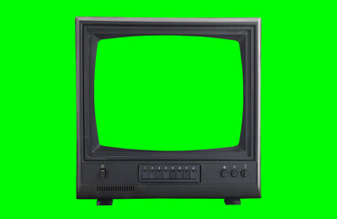 Old vintage TV with green screen for adding video isolated on green background.Vintage TVs 1960s 1970s 1980s 1990s 2000s. 