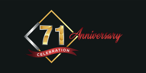 71st anniversary logo with golden and silver box, confetti and red ribbon isolated on elegant black background, vector design for greeting card and invitation card
