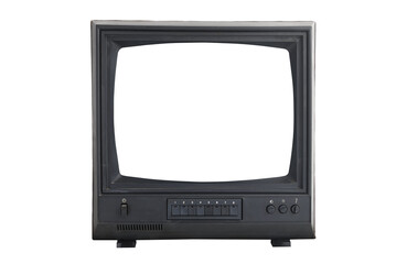Old TV with white screen isolated on white background. Vintage TVs 1960s 1970s 1980s 1990s 2000s.