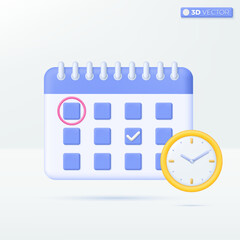 Calendar and clock icon symbols. Schedule, reminder business or event planning concept. 3D vector isolated illustration design. Cartoon pastel Minimal style. You can used for design ux, ui, print ad.
