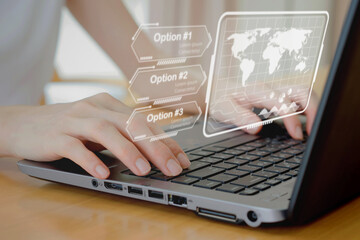 A Businesswoman use laptop for management data option to succeed on virtual screen.