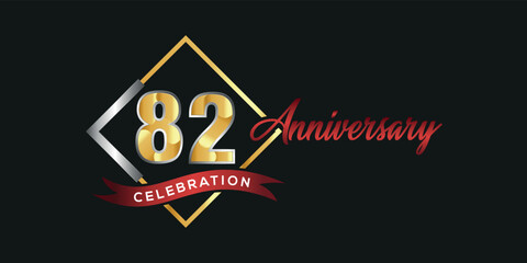 82nd anniversary logo with golden and silver box, confetti and red ribbon isolated on elegant black background, vector design for greeting card and invitation card
