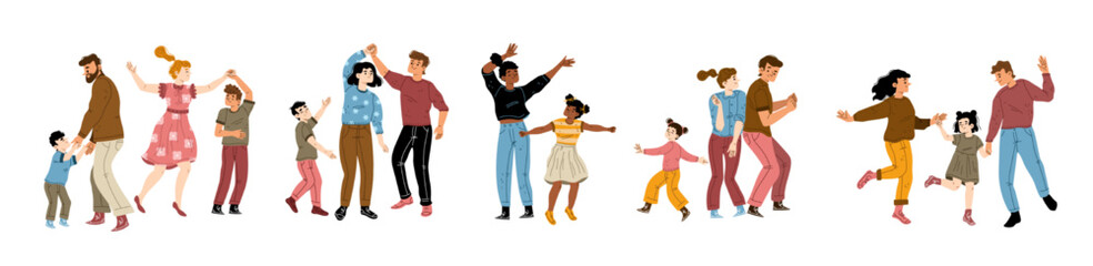 Obraz premium Set of parents dancing with children. Flat vector illustration of families having fun together. Mothers and fathers enjoying music, jumping with kids, celebrating holiday, weekend entertainment