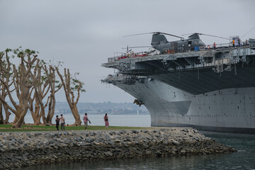 Historic aircraft carrier Midway in port of San Diego, California, floating marine navy military...