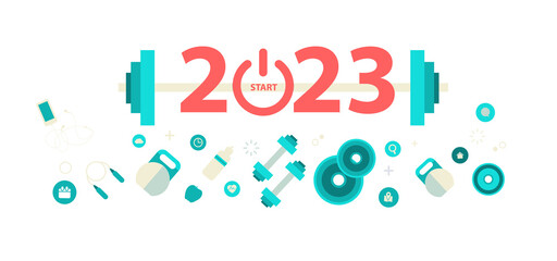 2023 new year fitness concept workout typography alphabet design with equipment. 