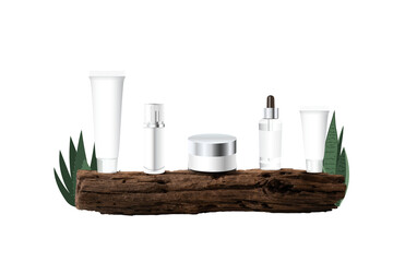 Wooden product display podium presentation mock up, with set of cosmetics products on stage pedestal, Log or stump minimal podiums template idea concept design