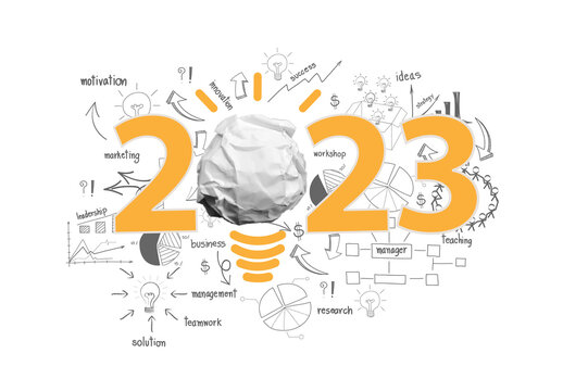 Creativity inspiration 2023 new year with crumpled paper ball light bulb ideas concept design, With drawing charts and graphs business success strategy plan