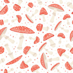 Fly agarics seamless pattern. Mushrooms with red cap and mold. Hallucinogenic food. Amanita muscaria with texture on white background. Toxic fungi backdrop. Vector cartoon illustration.