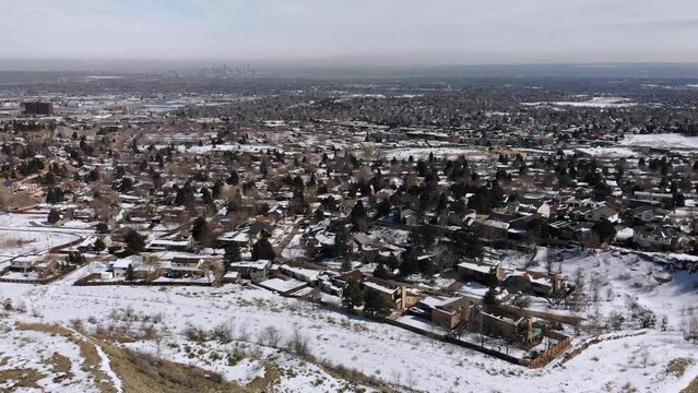 Snow Covered Neighborhood in West Denver Metro • Aerial Drone Shot • Horizontal HD Footage