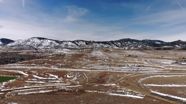 Beautiful Snowy Hillside in Colorado • Frozen Pond and Soccer Field on Winter Day • HD Aerial Drone Pan Shot