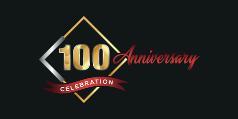 100th anniversary logo with golden and silver box, confetti and red ribbon isolated on elegant black background, vector design for greeting card and invitation card
