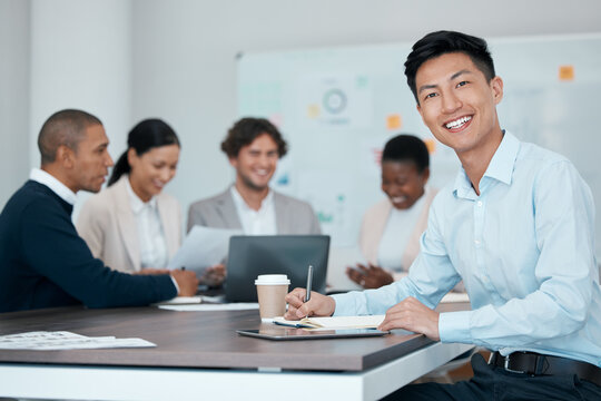 Businessman, paper writing or happy intern in digital marketing meeting, global creative startup or advertising company. Employee portrait, smile or motivation worker in teamwork collaboration office