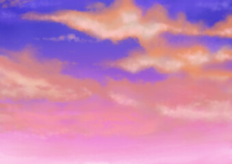幻想的な紫の夕焼け空のイラスト　A4横型