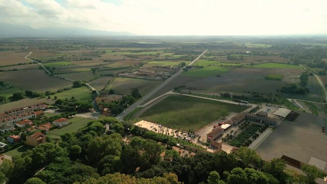 Aerial image of the city of Peralada in Girona Costa Brava small medieval town Famous Peralada wine cellar