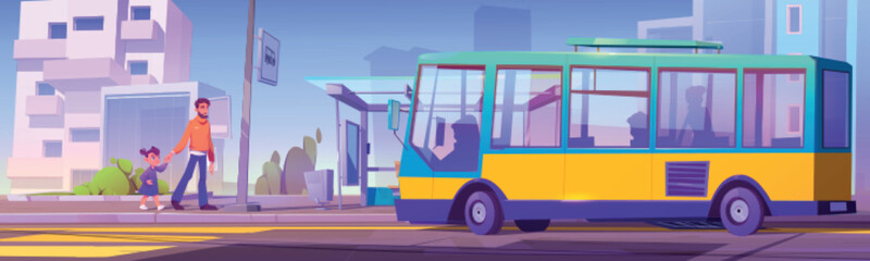 People on bus stop, father with little daughter walking to public transport parked station with booth and sign at cityscape background with road, zebra and modern houses, Cartoon vector illustration © klyaksun