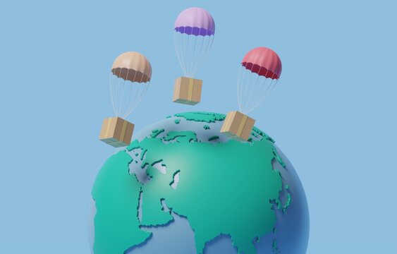 Parachutes carrying boxes flying over earth, global package shipping, dropshipping business, logistics and transportation concept, 3d render illustration.