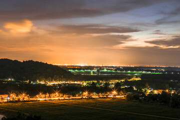 High angle nature background on the mountain overlooking the evening sky changing colors at night, with the blur of the wind and the passing leaves, seen at various tourist spots and viewpoints.