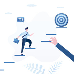 Businessman climbing up to top, big helping hand give part of ladder to reach higher. Business support to reach career target or help to climb up ladder of success, concept banner.