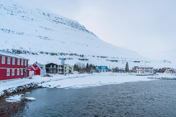 Seydisfjordur , Beautiful fishing villages fjord towns was film Walter Mitty during winter evening at Seyðisfjörður , Fjord towns in Eastern Coast Iceland  : 18 March 2020