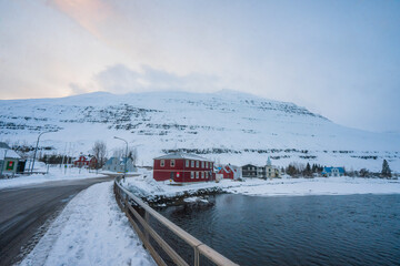 Seydisfjordur , Beautiful fishing villages fjord towns was film Walter Mitty during winter evening at Seyðisfjörður , Fjord towns in Eastern Coast Iceland  : 18 March 2020