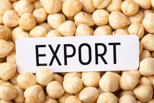 Paper with inscription Export on hazelnuts. Concept of trade of nuts between countries