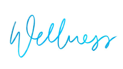 WELLNESS blue brush lettering on white background