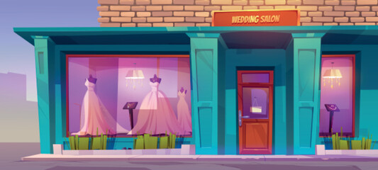 Wedding salon with white gowns on mannequins, jewelry accessories in large illuminated shop windows. Facade of bridal store building on city street. Fashion business. Cartoon vector illustration