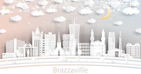 Brazzaville Republic of Congo City Skyline in Paper Cut Style with White Buildings, Moon and Neon Garland.