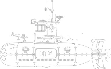 Fototapeta premium Navy submarine boat equipped with a periscope, armed with torpedoes and guns, on combat patrol in an ocean, black and white outline vector cartoon illustration for a coloring book page
