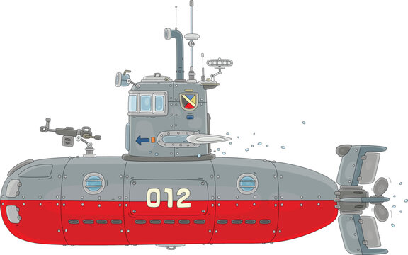 recommend clip art: Navy submarine boat equipped with a periscope, armed with torpedoes and guns, on combat patrol in an ocean, vector cartoon illustration isolated on a white background