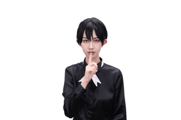 A girl dressed in black against a white background