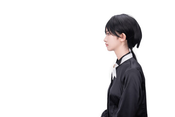 A girl dressed in black against a white background