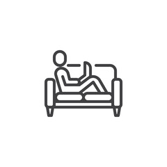 Man sitting with a laptop at sofa line icon