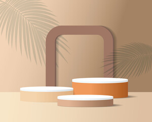 Round realistic stand on pedestal geometric. Background  vector  scene with shadow leaf geometric platform. Pastel room minimal wall scene 3d vector illustration.