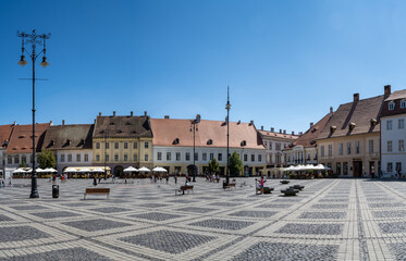 Panoramic view with main town square (Piata Mare) in Sibiu, Romania. Historical center of Sibiu town. - 537437004