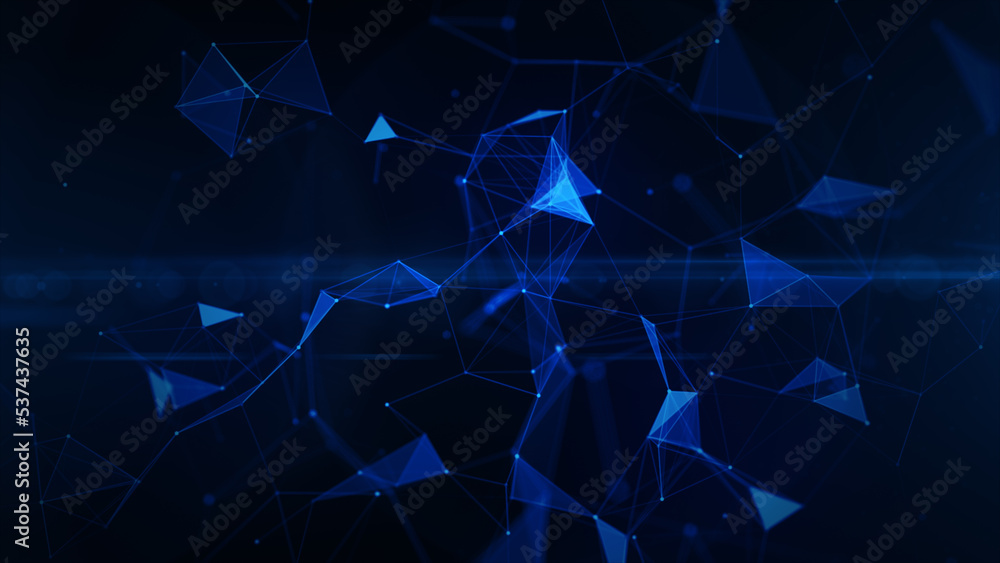 Poster Technology digital data network with dots and lines, blockchain and dark blue abstract background 3d rendering