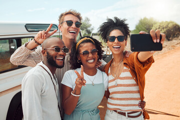 Diversity, selfie and friends on road trip adventure in a countryside taking a picture on phone....