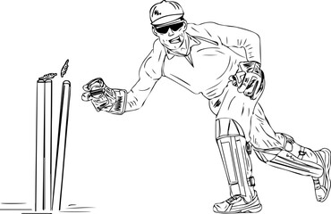 Cricket wicket keeper vector illustration, wicket keeper in action poses during cricket match.sketch drawing, cricket logo and clipart silhouette, cartoon doodle of wicketkeeping